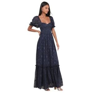 Lulus Puff Sleeve Sweetheart Midi Dress Navy M